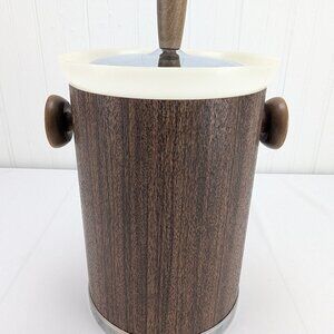 Vintage Kromex Ice Bucket with Lid Knob Handles Faux Wood Barware 9.25" MCM